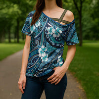 Polynesian Hibiscus Tropical Blue Floral Cross Shoulder Shirt Tribal Pattern - Polynesian Pride
