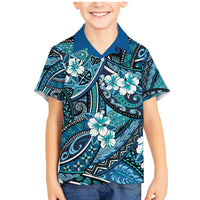 Polynesian Hibiscus Tropical Blue Floral Family Matching Mermaid Dress and Hawaiian Shirt Tribal Pattern - Polynesian Pride
