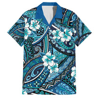 Polynesian Hibiscus Tropical Blue Floral Family Matching Off The Shoulder Long Sleeve Dress and Hawaiian Shirt Tribal Pattern - Polynesian Pride