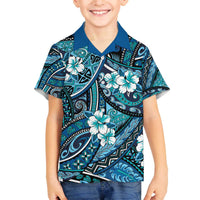 Polynesian Hibiscus Tropical Blue Floral Family Matching Off The Shoulder Long Sleeve Dress and Hawaiian Shirt Tribal Pattern - Polynesian Pride