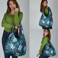 Polynesian Hibiscus Tropical Blue Floral Grocery Bag Tribal Pattern - Polynesian Pride