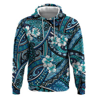 Polynesian Hibiscus Tropical Blue Floral Hoodie Tribal Pattern - Polynesian Pride