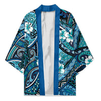 Polynesian Hibiscus Tropical Blue Floral Kimono Tribal Pattern - Polynesian Pride