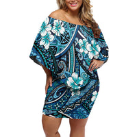 Polynesian Hibiscus Tropical Blue Floral Off Shoulder Short Dress Tribal Pattern - Polynesian Pride