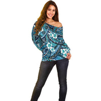 Polynesian Hibiscus Tropical Blue Floral Off Shoulder Sweater Tribal Pattern - Polynesian Pride