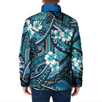 Polynesian Hibiscus Tropical Blue Floral Padded Jacket Tribal Pattern - Polynesian Pride