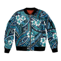 Polynesian Hibiscus Tropical Blue Floral Sleeve Zip Bomber Jacket Tribal Pattern - Polynesian Pride
