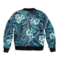 Polynesian Hibiscus Tropical Blue Floral Sleeve Zip Bomber Jacket Tribal Pattern - Polynesian Pride