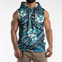 Polynesian Hibiscus Tropical Blue Floral Sleeveless Hoodie Tribal Pattern - Polynesian Pride