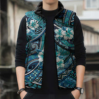 Polynesian Hibiscus Tropical Blue Floral Sleeveless Puffer Jacket Tribal Pattern - Polynesian Pride
