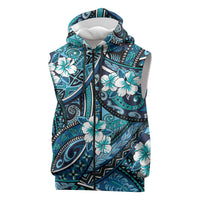 Polynesian Hibiscus Tropical Blue Floral Sleeveless Zip Hoodie Tribal Pattern - Polynesian Pride