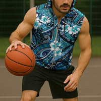 Polynesian Hibiscus Tropical Blue Floral Sleeveless Zip Hoodie Tribal Pattern - Polynesian Pride