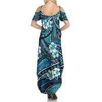Polynesian Hibiscus Tropical Blue Floral Summer Maxi Dress Tribal Pattern - Polynesian Pride