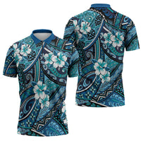 Polynesian Hibiscus Tropical Blue Floral Zipper Polo Shirt Tribal Pattern - Polynesian Pride