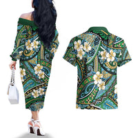 Polynesian Hibiscus Tropical Green Floral Couples Matching Off The Shoulder Long Sleeve Dress and Hawaiian Shirt Tribal Pattern - Polynesian Pride