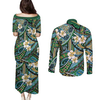 Polynesian Hibiscus Tropical Green Floral Couples Matching Puletasi and Long Sleeve Button Shirt Tribal Pattern LT01 - Polynesian Pride