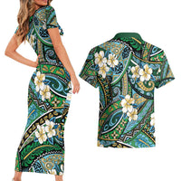 Polynesian Hibiscus Tropical Green Floral Couples Matching Short Sleeve Bodycon Dress and Hawaiian Shirt Tribal Pattern - Polynesian Pride