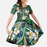 Polynesian Hibiscus Tropical Green Floral Family Matching Off The Shoulder Long Sleeve Dress and Hawaiian Shirt Tribal Pattern - Polynesian Pride