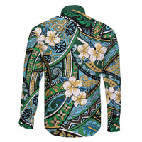 Polynesian Hibiscus Tropical Green Floral Family Matching Off The Shoulder Long Sleeve Dress and Hawaiian Shirt Tribal Pattern - Polynesian Pride