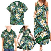Polynesian Hibiscus Tropical Green Floral Family Matching Summer Maxi Dress and Hawaiian Shirt Tribal Pattern - Polynesian Pride