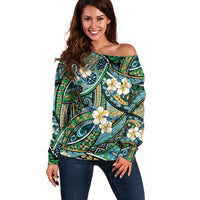Polynesian Hibiscus Tropical Green Floral Off Shoulder Sweater Tribal Pattern - Polynesian Pride