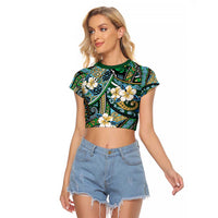 Polynesian Hibiscus Tropical Green Floral Raglan Cropped T Shirt Tribal Pattern LT01 Female Green - Polynesian Pride