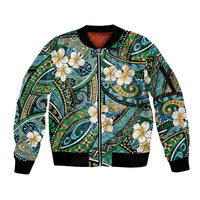Polynesian Hibiscus Tropical Green Floral Sleeve Zip Bomber Jacket Tribal Pattern - Polynesian Pride