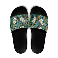 Polynesian Hibiscus Tropical Green Floral Slide Sandals Tribal Pattern - Polynesian Pride