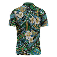 Polynesian Hibiscus Tropical Green Floral Zipper Polo Shirt Tribal Pattern - Polynesian Pride