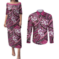 Polynesian Hibiscus Tropical Pink Floral Couples Matching Puletasi and Long Sleeve Button Shirt Tribal Pattern LT01 Pink - Polynesian Pride