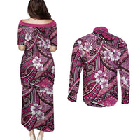 Polynesian Hibiscus Tropical Pink Floral Couples Matching Puletasi and Long Sleeve Button Shirt Tribal Pattern LT01 - Polynesian Pride