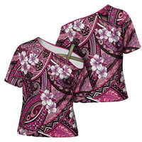 Polynesian Hibiscus Tropical Pink Floral Cross Shoulder Shirt Tribal Pattern - Polynesian Pride