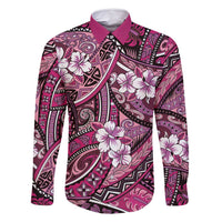 Polynesian Hibiscus Tropical Pink Floral Family Matching Long Sleeve Bodycon Dress and Hawaiian Shirt Tribal Pattern - Polynesian Pride