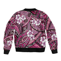 Polynesian Hibiscus Tropical Pink Floral Sleeve Zip Bomber Jacket Tribal Pattern - Polynesian Pride