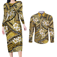 Polynesian Hibiscus Tropical Yellow Floral Couples Matching Long Sleeve Bodycon Dress and Long Sleeve Button Shirt Tribal Pattern - Polynesian Pride