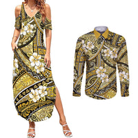 Polynesian Hibiscus Tropical Yellow Floral Couples Matching Summer Maxi Dress and Long Sleeve Button Shirt Tribal Pattern - Polynesian Pride