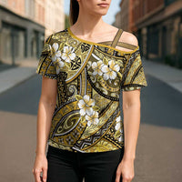 Polynesian Hibiscus Tropical Yellow Floral Cross Shoulder Shirt Tribal Pattern - Polynesian Pride