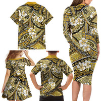 Polynesian Hibiscus Tropical Yellow Floral Family Matching Long Sleeve Bodycon Dress and Hawaiian Shirt Tribal Pattern - Polynesian Pride