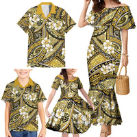 Polynesian Hibiscus Tropical Yellow Floral Family Matching Mermaid Dress and Hawaiian Shirt Tribal Pattern - Polynesian Pride