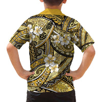 Polynesian Hibiscus Tropical Yellow Floral Family Matching Off The Shoulder Long Sleeve Dress and Hawaiian Shirt Tribal Pattern - Polynesian Pride