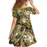 Polynesian Hibiscus Tropical Yellow Floral Family Matching Off The Shoulder Long Sleeve Dress and Hawaiian Shirt Tribal Pattern - Polynesian Pride
