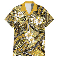 Polynesian Hibiscus Tropical Yellow Floral Family Matching Off The Shoulder Long Sleeve Dress and Hawaiian Shirt Tribal Pattern - Polynesian Pride