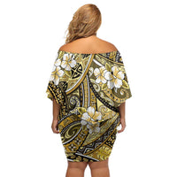 Polynesian Hibiscus Tropical Yellow Floral Family Matching Off Shoulder Short Dress and Hawaiian Shirt Tribal Pattern - Polynesian Pride