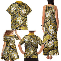 Polynesian Hibiscus Tropical Yellow Floral Family Matching Tank Maxi Dress and Hawaiian Shirt Tribal Pattern - Polynesian Pride