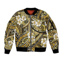 Polynesian Hibiscus Tropical Yellow Floral Sleeve Zip Bomber Jacket Tribal Pattern - Polynesian Pride