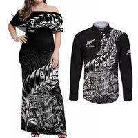 New Zealand Silver Fern Rugby Couples Matching Off Shoulder Maxi Dress and Long Sleeve Button Shirts Aotearoa Kiwi Maori Black Version LT01 Black - Polynesian Pride
