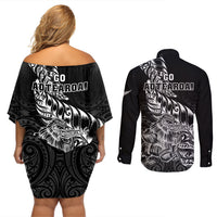 New Zealand Silver Fern Rugby Couples Matching Off Shoulder Short Dress and Long Sleeve Button Shirts Aotearoa Kiwi Maori Black Version LT01 - Polynesian Pride