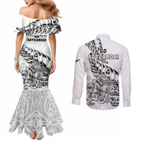 New Zealand Silver Fern Rugby Couples Matching Mermaid Dress and Long Sleeve Button Shirts Aotearoa Kiwi Maori White Version LT01 - Polynesian Pride