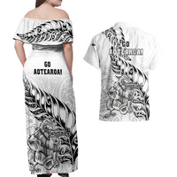 New Zealand Silver Fern Rugby Couples Matching Off Shoulder Maxi Dress and Hawaiian Shirt Aotearoa Kiwi Maori White Version LT01 - Polynesian Pride