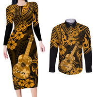 Hawaii Ukulele Couples Matching Long Sleeve Bodycon Dress and Long Sleeve Button Shirts Polynesian Pattern Gold Version LT01 Gold - Polynesian Pride